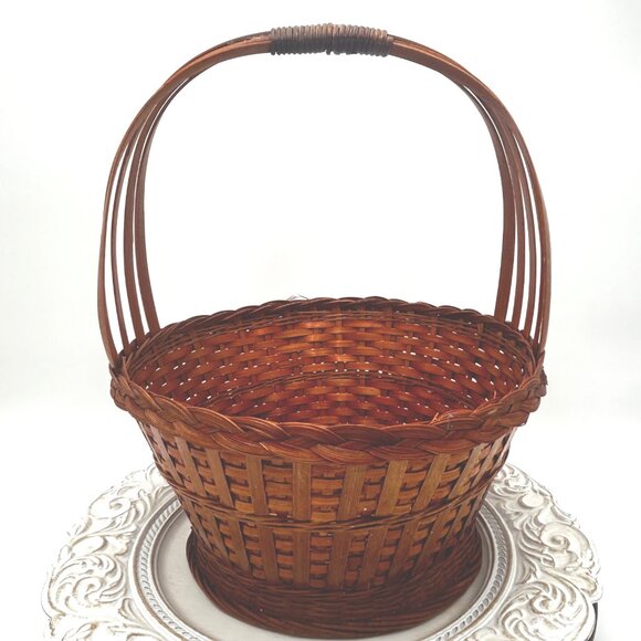 Large Rich Deep Brown Woven Rattan Basket With Braided Rim for Storage Or Decor - Picture 3 of 9